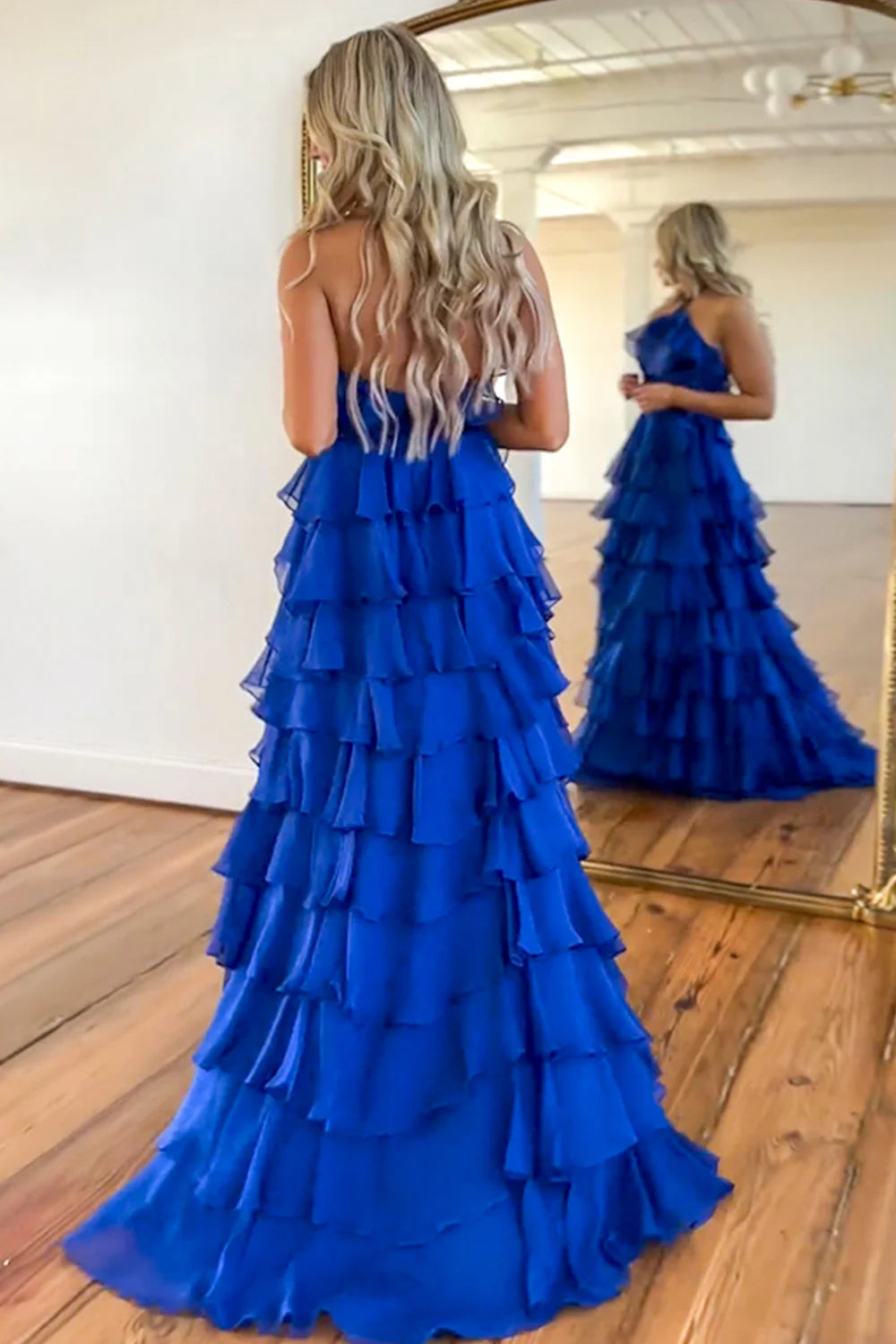 A-Line Halter Neck Long Tiered Cute Royal Blue formal dresses evening dress Prom Dresses with Slit