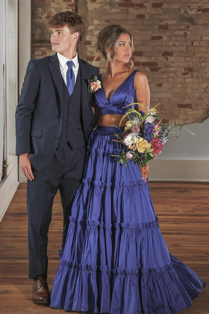 Two Piece V Neck Dark Blue Long Prom Dress evening gowns