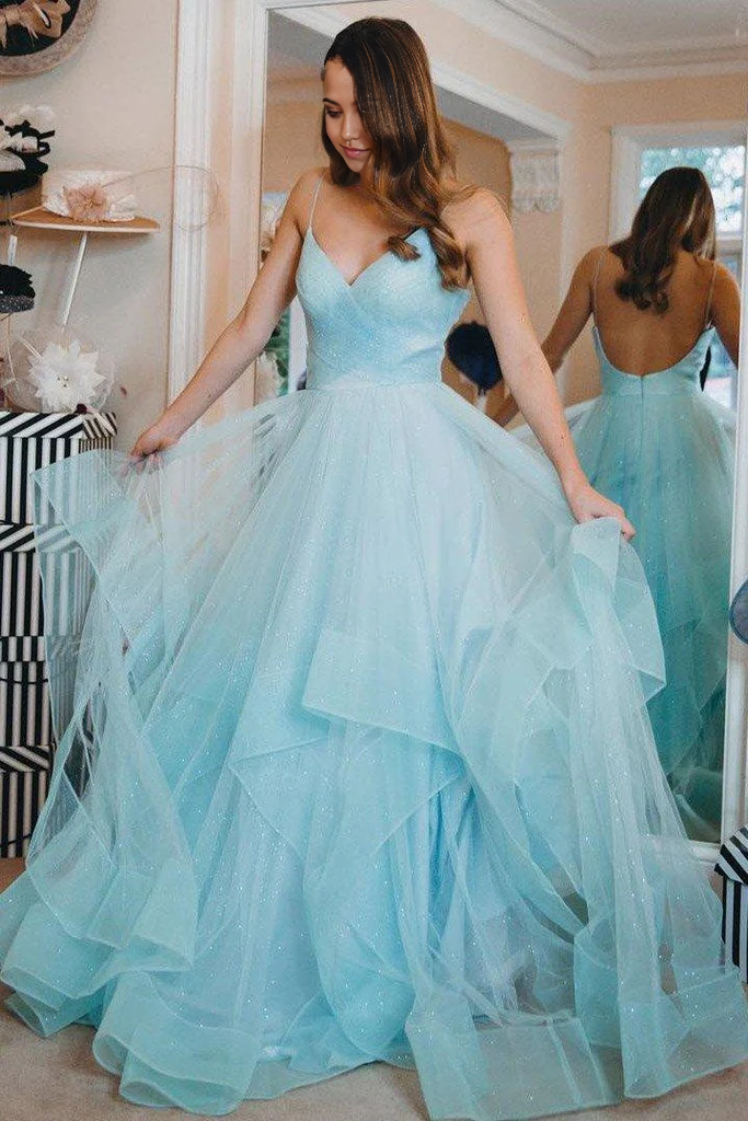 Sparkly Straps Ruffles Blue Long Prom Dresses Evening Dress with Open Back
