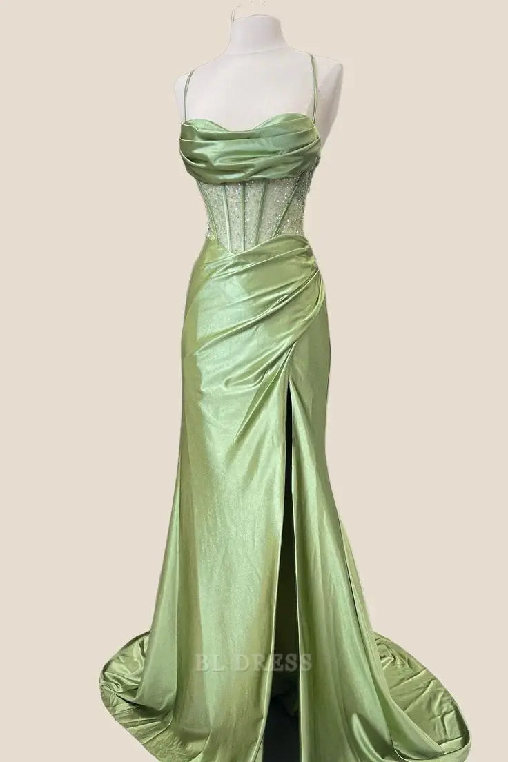 Mermaid Spaghetti Straps Satin Slit Green formal dresses Bridesmaid Dresses evening gown Prom Dress