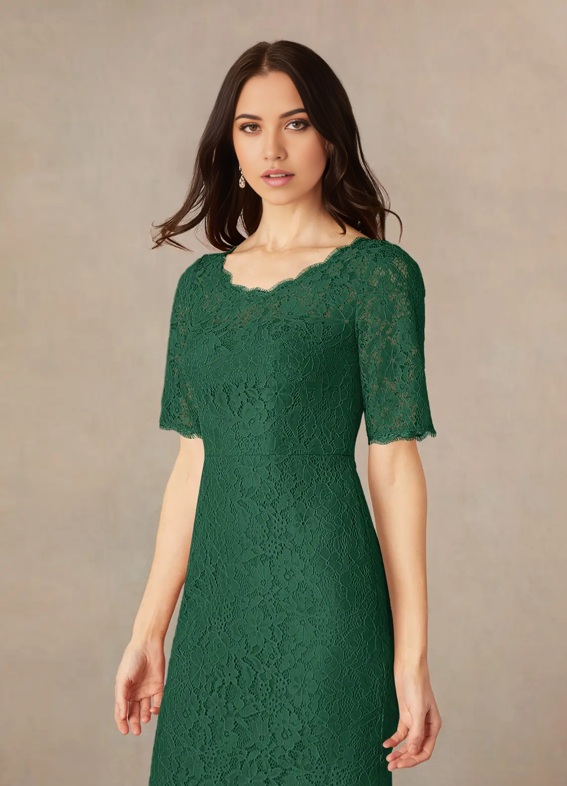 Mermaid Crew Neck Short Sleeve Lace Dark Green formal dresses evening dress Mother of the Bride Dresses