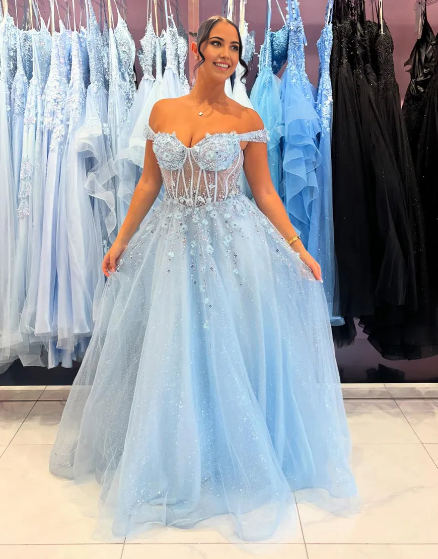 A-Line Off the Shoulder Sparkly Sky Blue Corset Flowers Tulle formal dresses evening dress Long Prom Dress