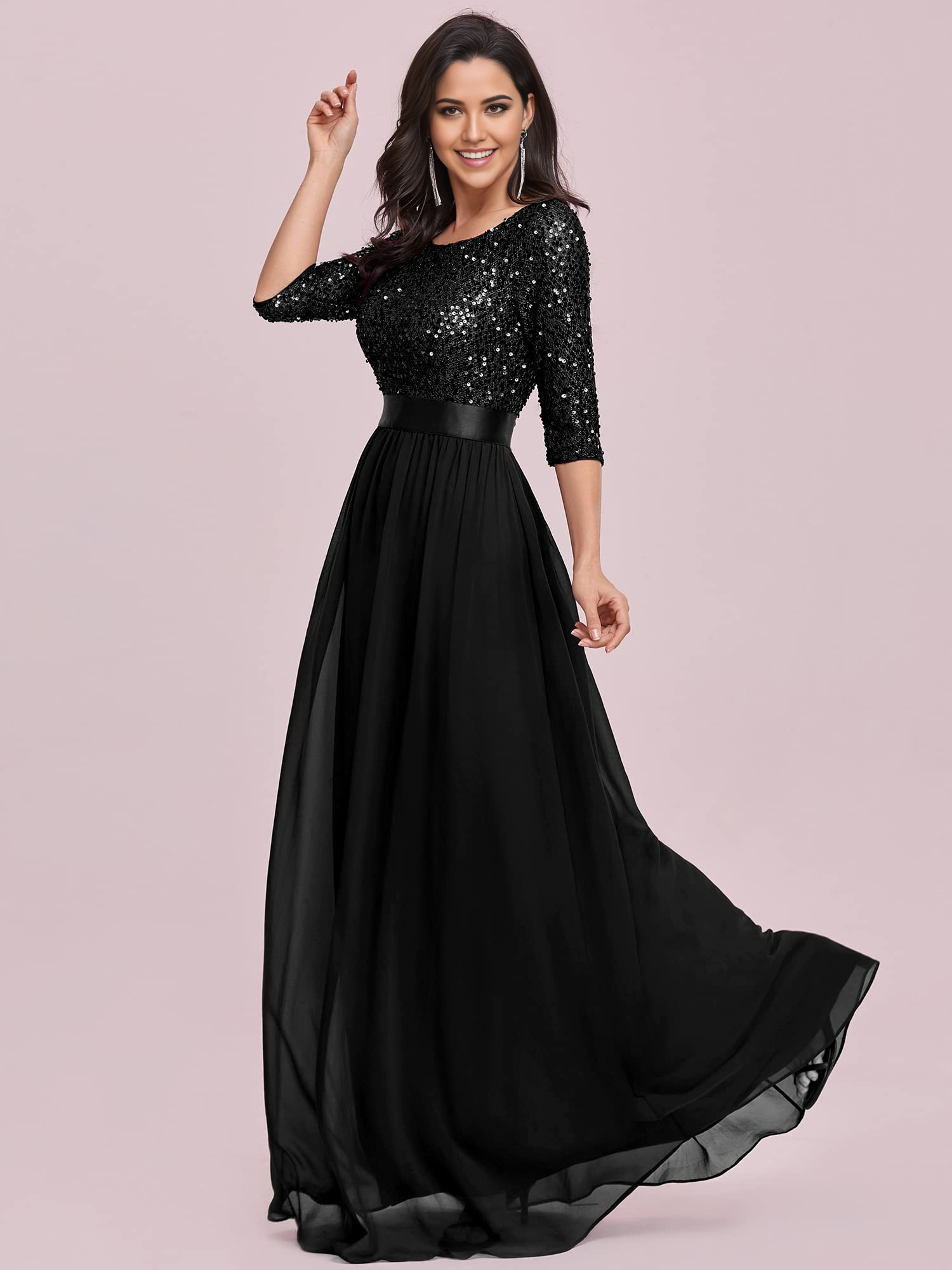 A Line Elegant Crew Neck Half Sleeve Sequin evening gown formal dress Prom Dresses