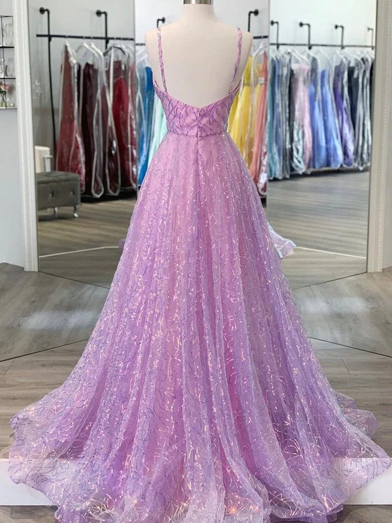 A-line Shiny V Neck Open Back Straps Prom Dresses