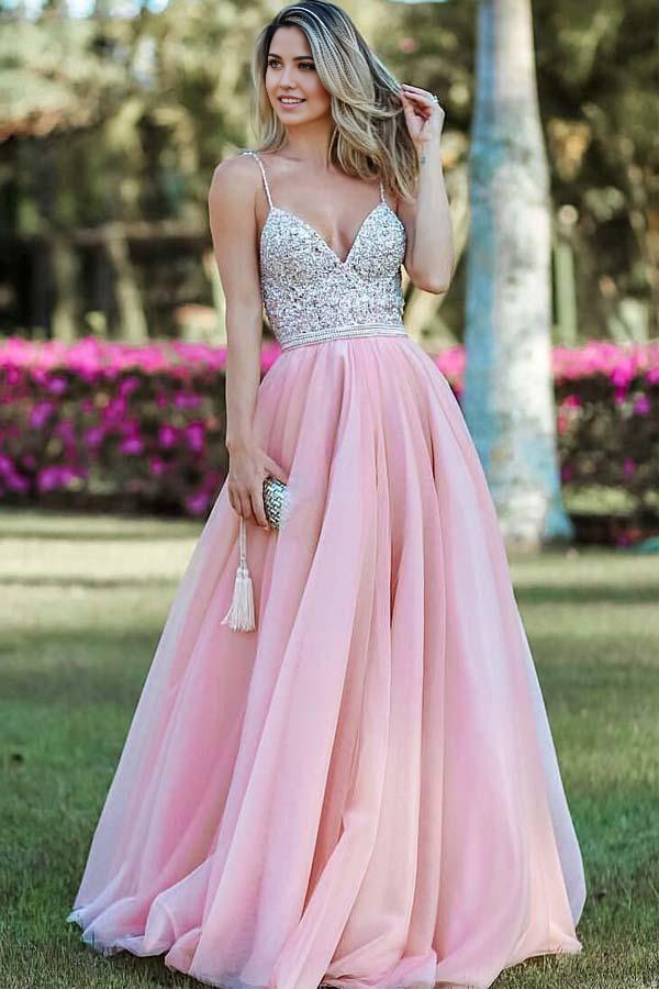 A-line Spaghetti Straps Backless Beading Pink Long Prom Dresses Evening Dress