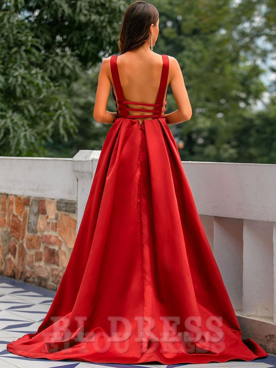 A-Line V-Neck Backless Satin formal dress evening gown Wedding Guest Dresses Prom Dress