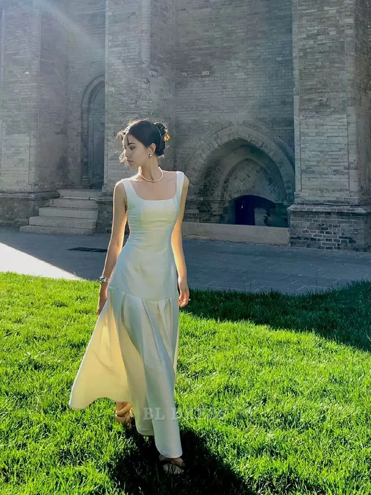 Mermaid Square Neckline Vintage White Sleeveless Satin formal dresses Bridesmaid Dresses evening gown Prom Dress