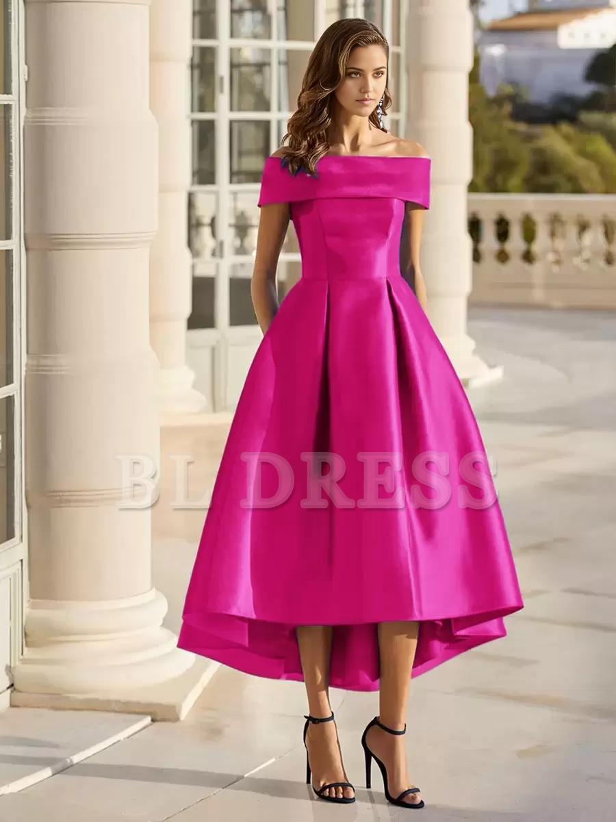 A-line Elegant Off-The-Shoulder Short Tea-Length Satin formal dress evening gown Wedding Guest Dresses Prom Dress