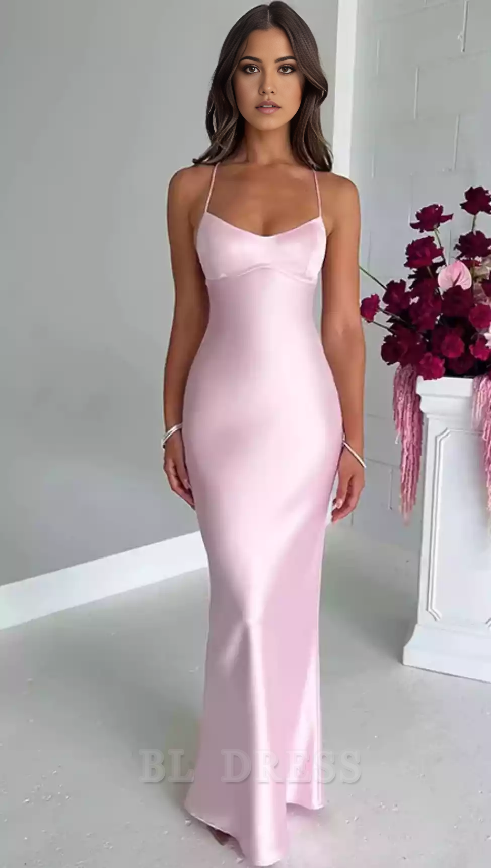 Elegant Spaghetti Straps Satin Backless Sexy formal dresses Bridesmaid Dresses evening gown Prom Dress