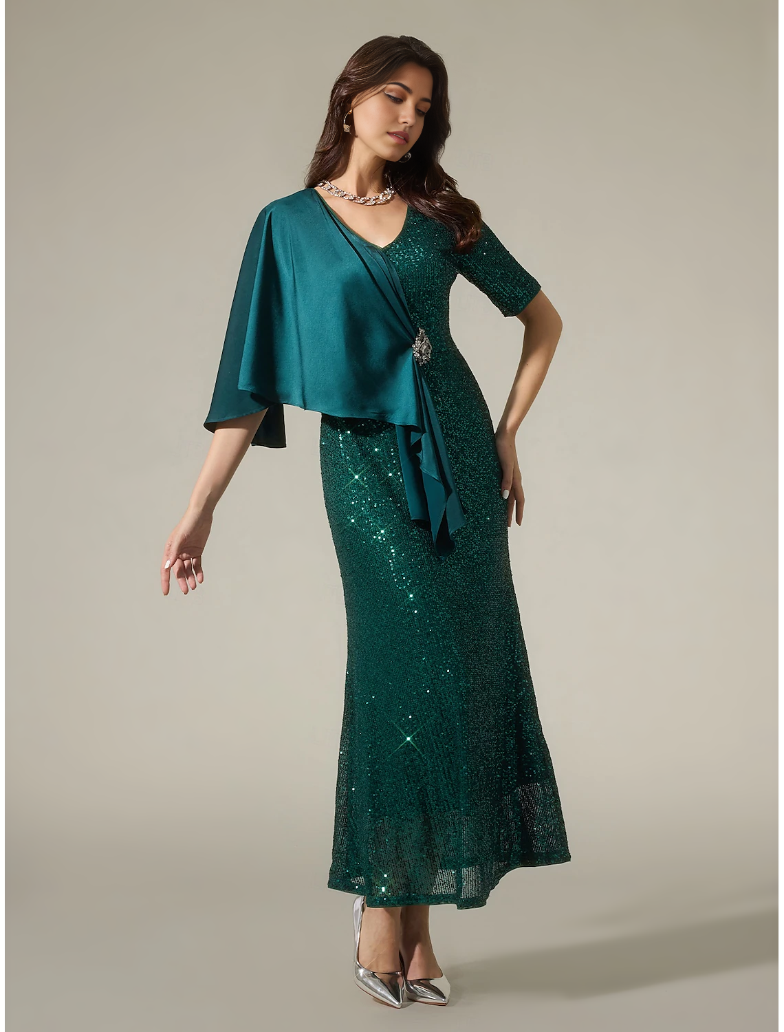 Sparkly Satin Sequin Mismatched Short Sleeve Maxi Dress Mother of the Bride Dresses