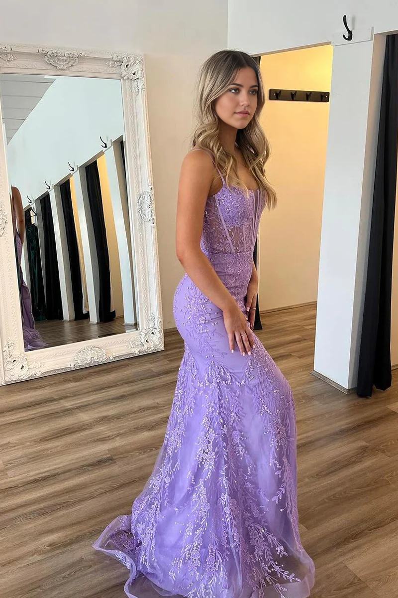 Mermaid Scoop Neck Long Lilac Prom Dress with Appliques