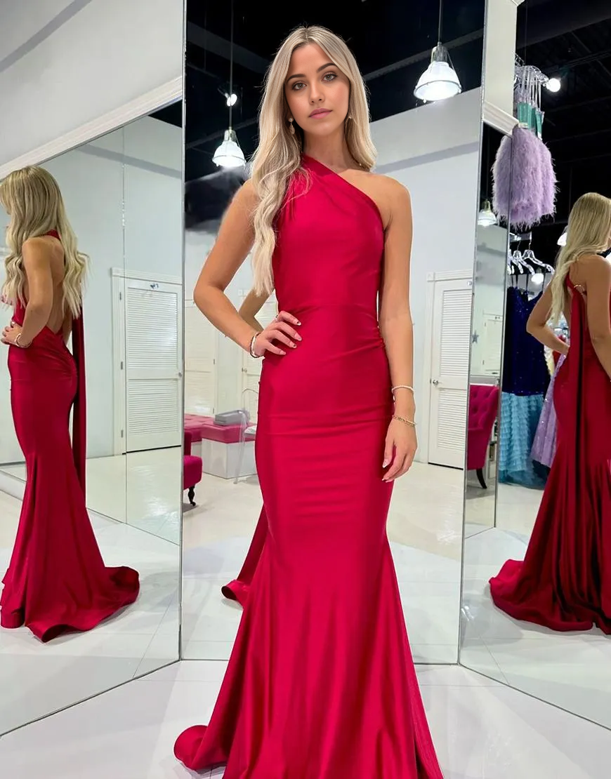 Mermaid One Shoulder Open Back Long Red formal dresses evening gown Prom Dress with Strap