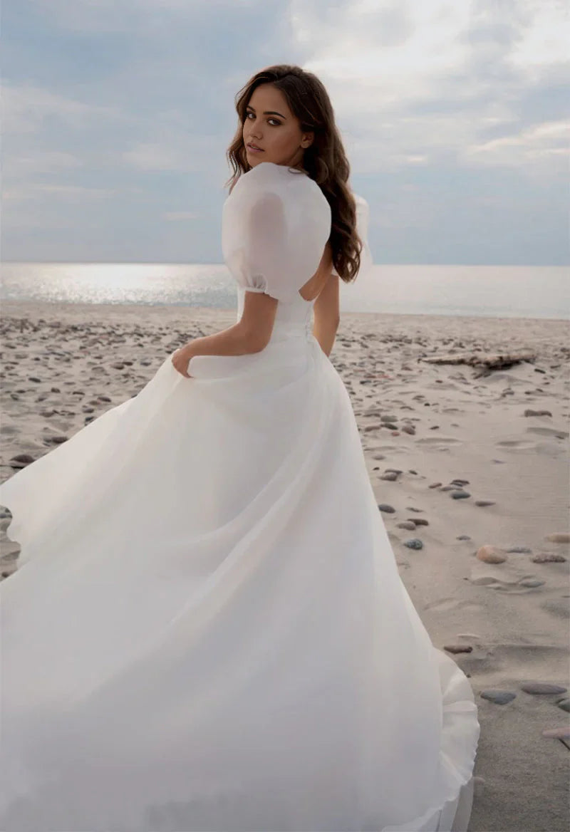 A-Line Square Neck Short Sleeves Wedding Dresses with Train