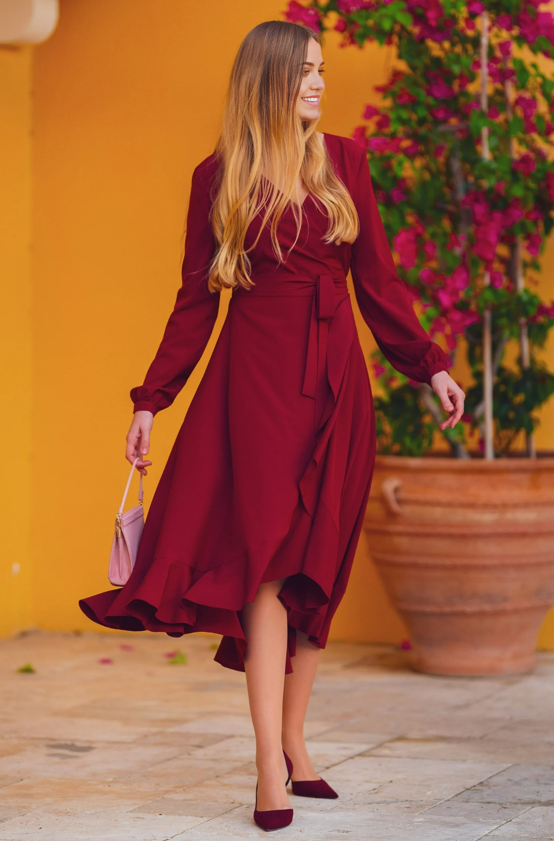 A-line V-Neck Tea Length Long Sleeve Cocktail Dress Bridesmaid Dress Formal Dresses for Wedding Guest Mother of the Bride Dresses