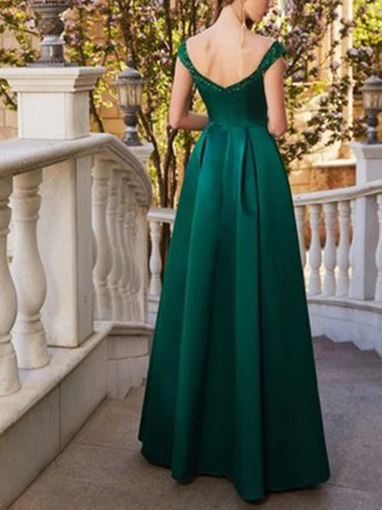 A Line Off The Shoulder Satin Floor Length Prom Dress Evening Dress