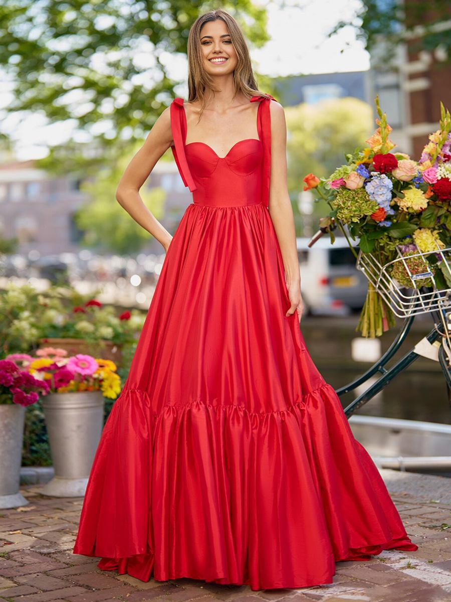 A-Line Sweetheart Neck Satin Sleeveless Ruffles formal dress evening gown Wedding Guest Dresses Prom Dress