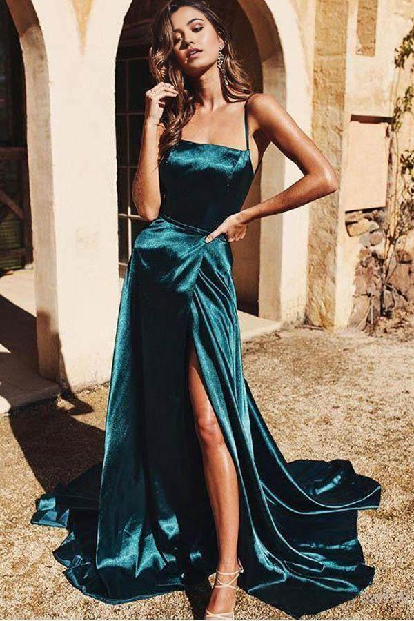 A-line Spaghetti Straps Long Prom Dresses Formal Gowns