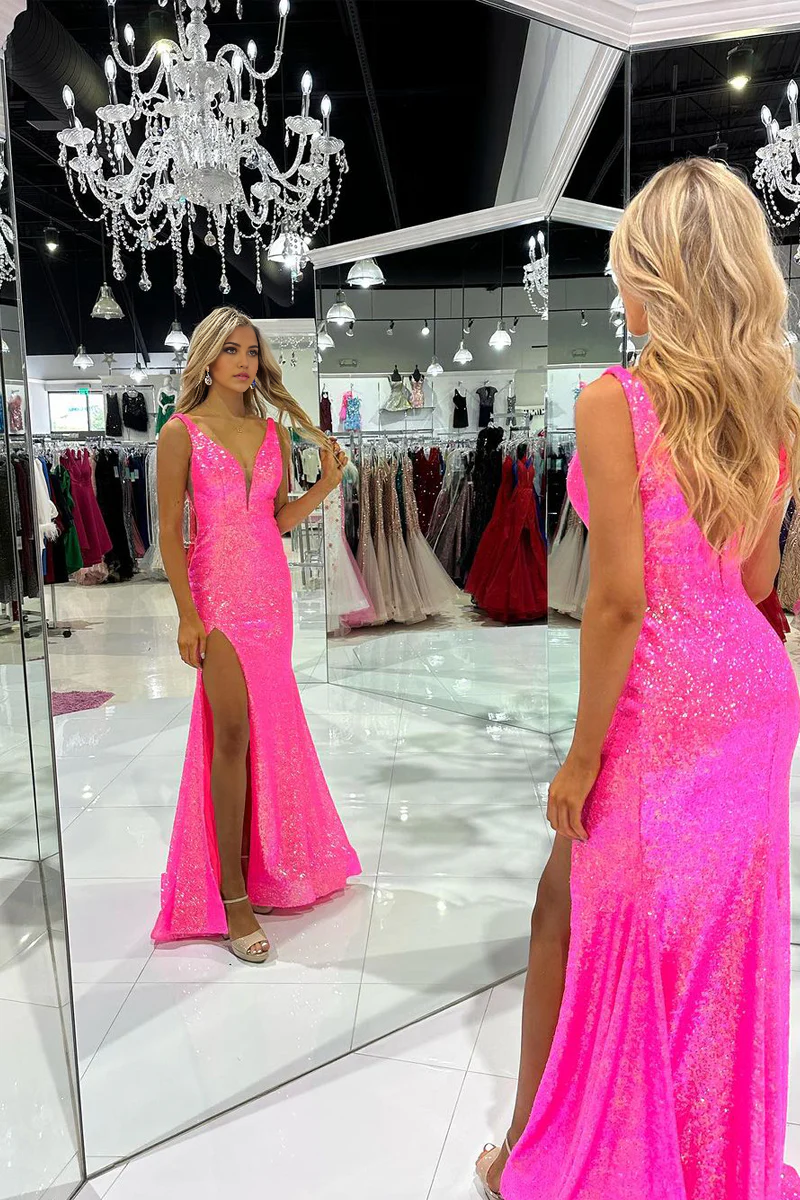 Mermaid V Neck Sparkly Hot Pink Sequins Long Prom Dress with Slit