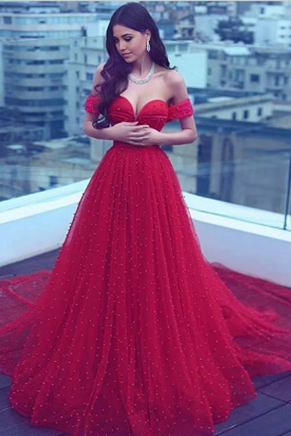 A-Line Off-the-Shoulder Court Train Dark Red Tulle Prom Dress