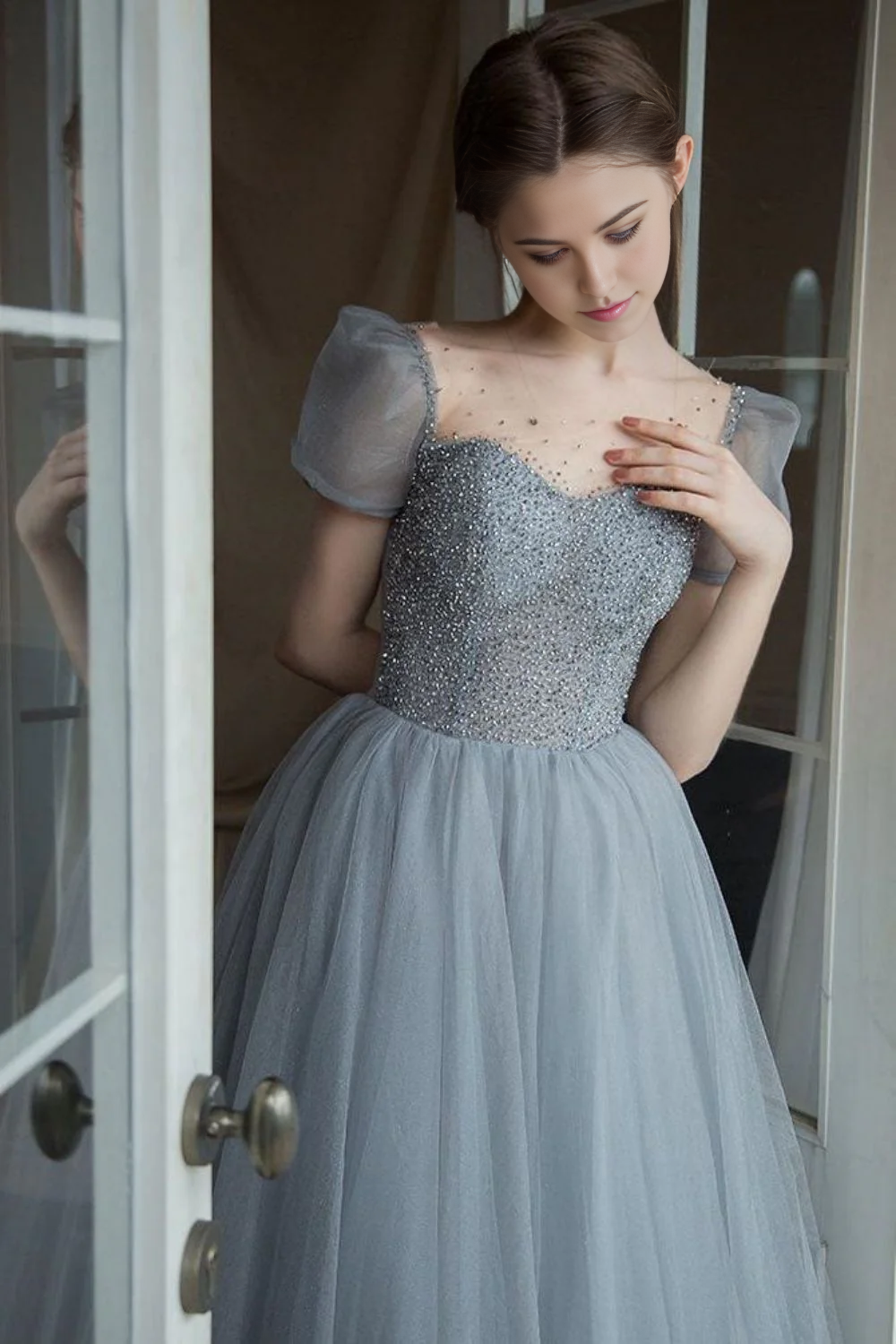 A Line Square Neck Grey Long evening gowns Prom Dress with Beading