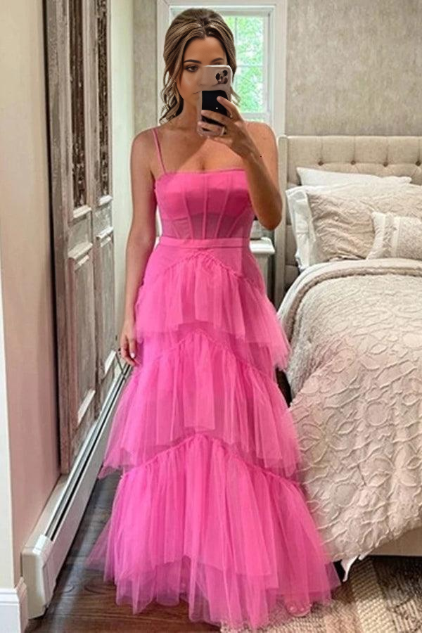 A-line Princess Hot Pink Tiered Tulle Long Prom Dress Evening Dress