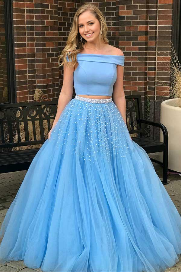 Two Piece Open Back Tulle Blue Prom Dress with Beading