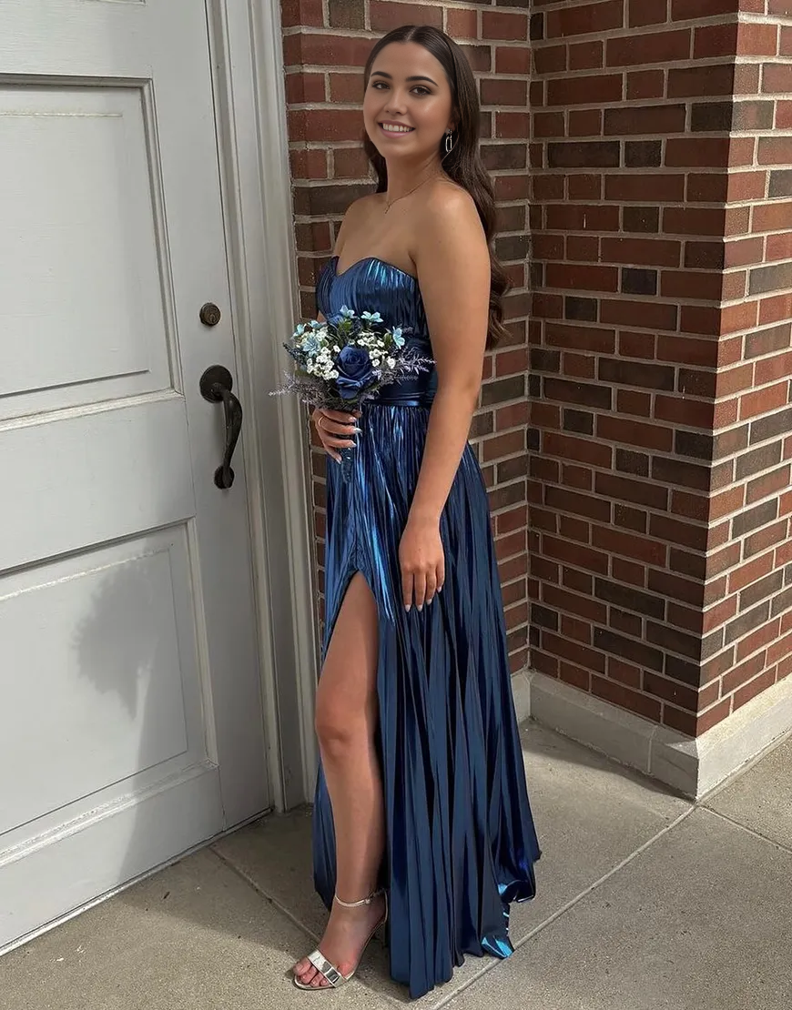 A-Line Strapless Corset Long formal dresses evening dress Prom Dress with Slit