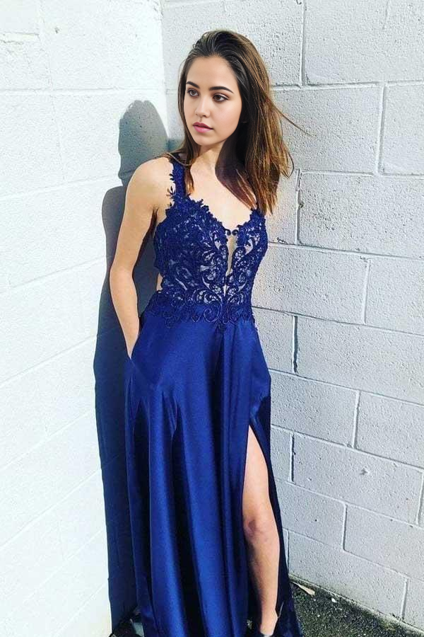 A-line Lace Satin Royal Blue Side Split Prom Dresses Evening Dresses