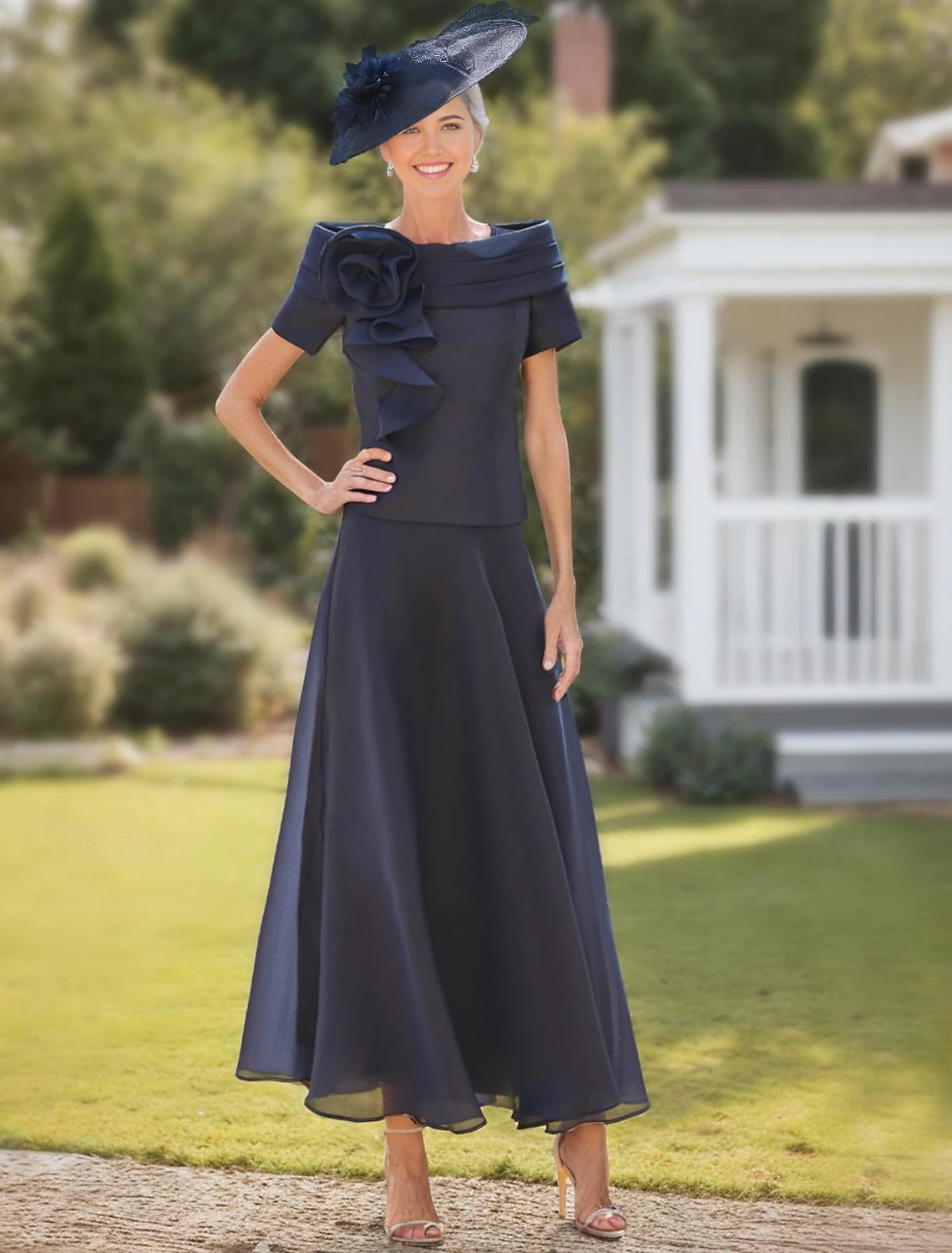 Two-piece Elegant Bateau Neck Short Sleeves Flowers Ankle-Length Wedding Guest Mother of the Bride Dresses
