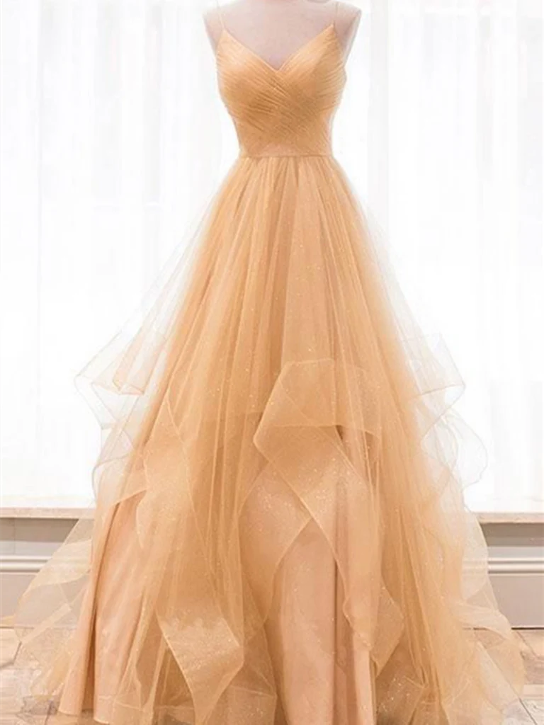 A-line V Neck Tulle Long Prom Dresses Long Graduation Formal Evening Dresses