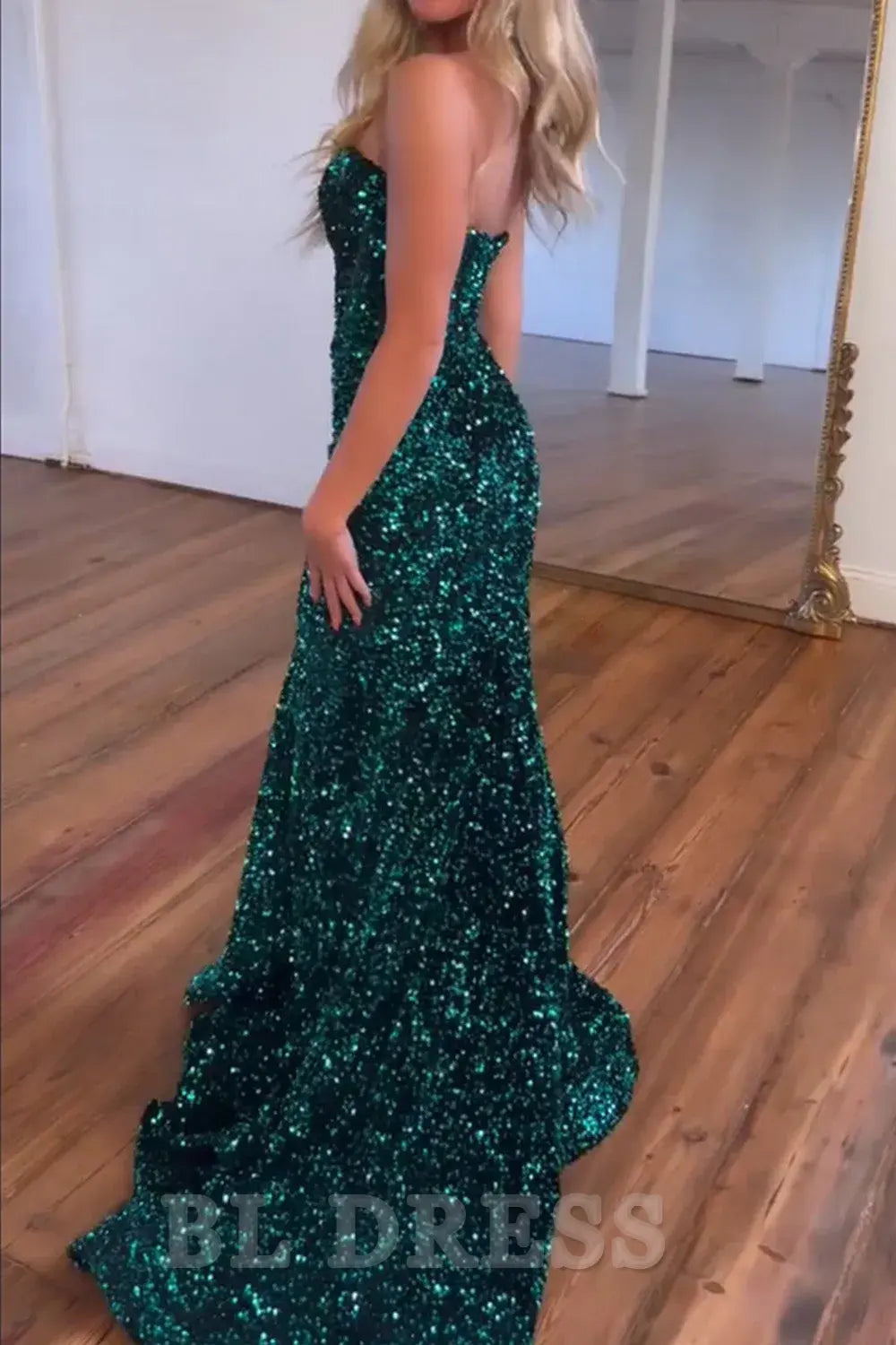Mermaid Sweetheart Glitter Sequin Dark Green formal dress evening gown Long Prom Party Dress