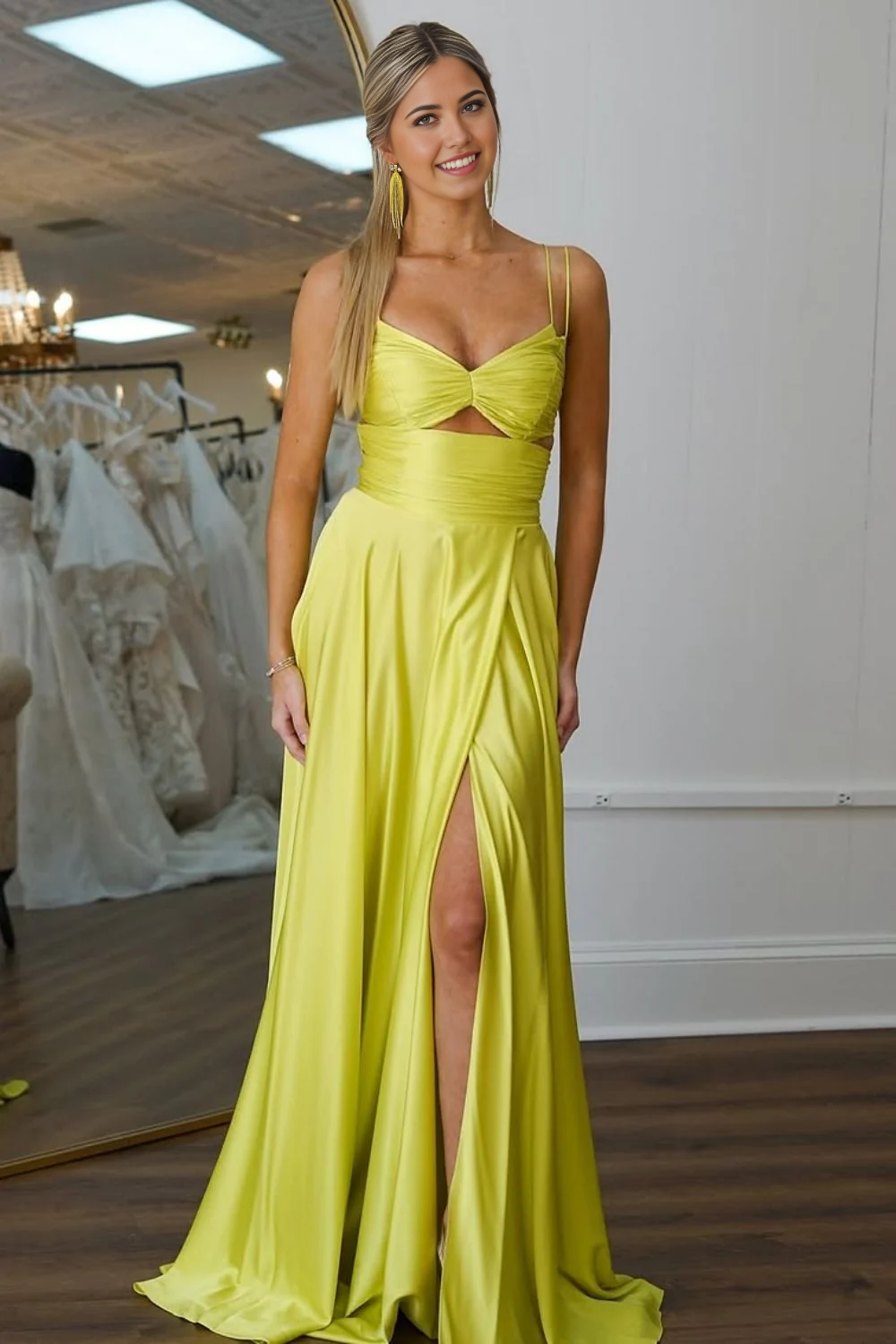A-Line Cute Yellow Spaghetti Straps Long Satin formal dresses evening dress Prom Dress with High Slit