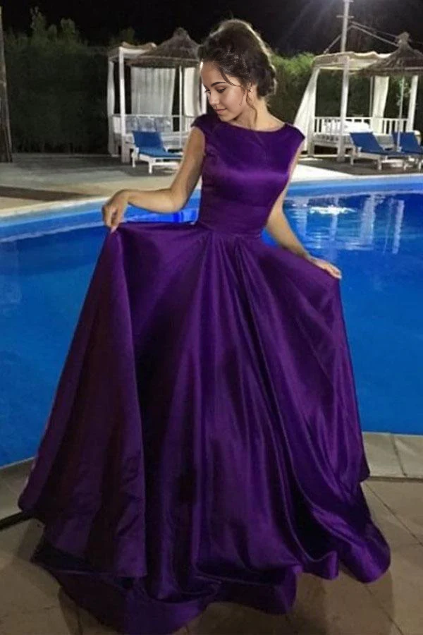 A-line V-Neck Sweep Train Satin Sleeveless Backless Ball Gown Prom Dress