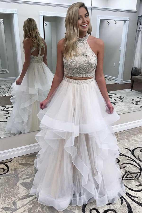 Two Piece Gorgeous High Neck Tulle Ivory Long Prom Dress With Beads