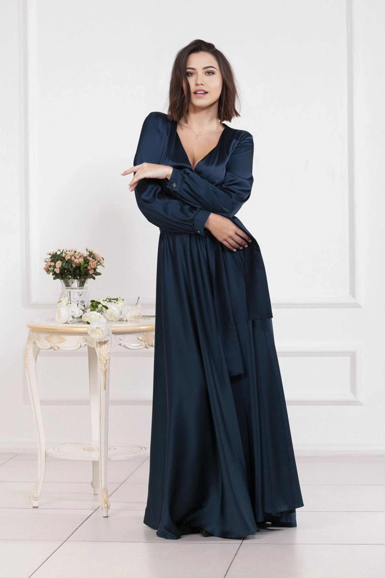 A-line V-Neck Long Sleeve Bridesmaid Dress Formal Dresses for Wedding Guest Cocktail Dress Mother of the Bride Dresses