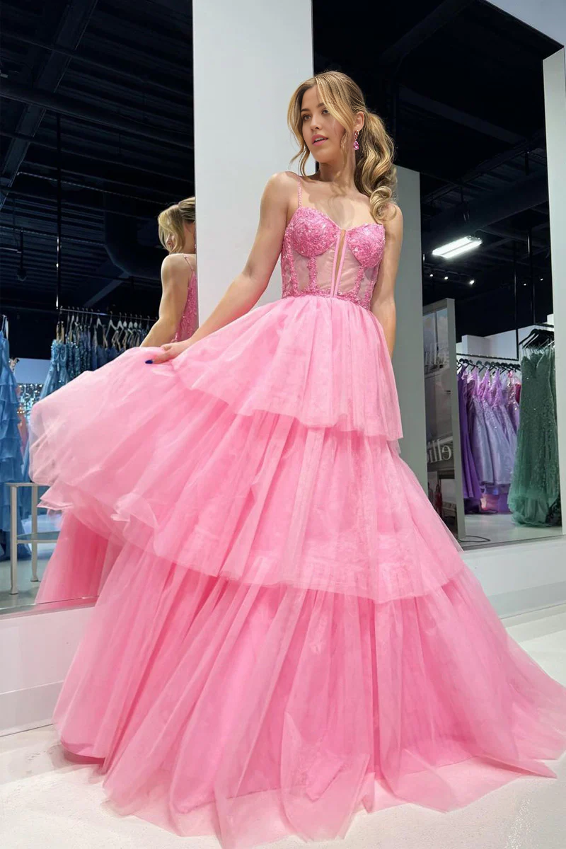 A Line Cute Sweetheart Tiered Tulle Pink Evening Dresses Prom Dress