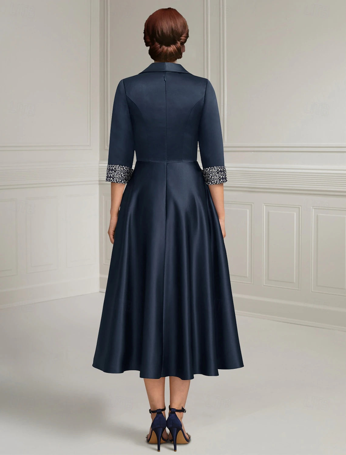 Navy Blue A-Line Dress Mother of the Bride Dress Elegant Satin Simple Shirt Collar Tea Length 3/4 Length Sleeve with Sash / Ribbon Beading Solid Color 2025