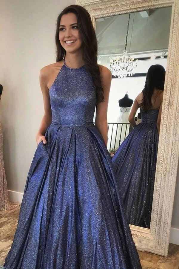A-line Cute Sparkly Halter Neck Long Prom Dresses Formal Dress
