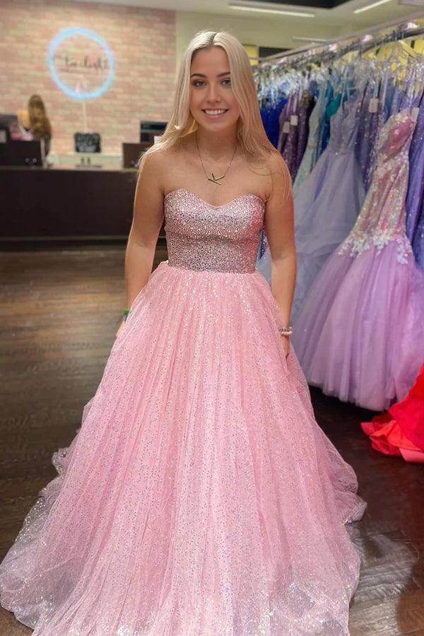 A-Line Sparkly Strapless Floor Length Tulle Light Pink Long Prom Dress