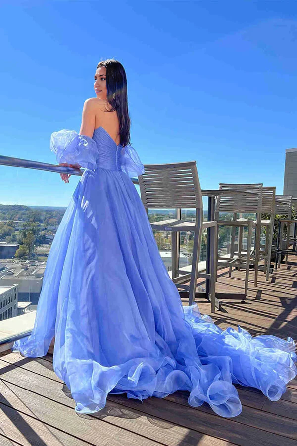 A-line Blue Puff Sleeves Beautiful Tulle Long Prom Dress