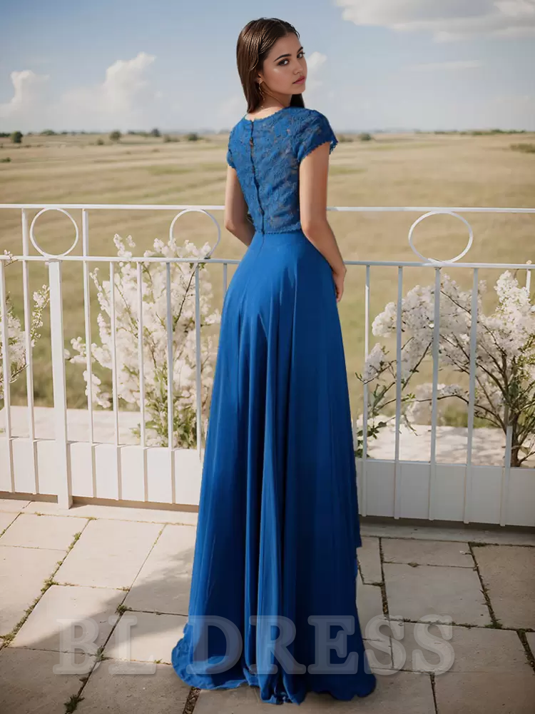 Two-piece Round Neck Short Sleeve Lace Blue formal dress evening gown Prom Dresses