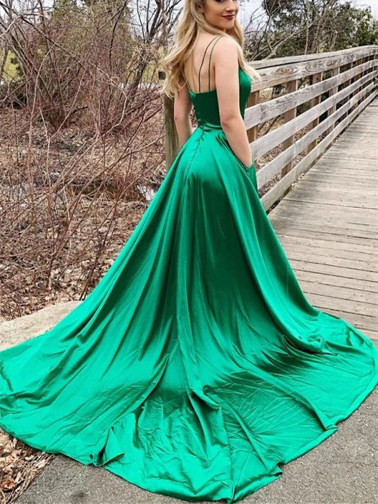 A-line V Neck Backless Satin Formal Graduation Evening Dresses Long Prom Dresses with Slit