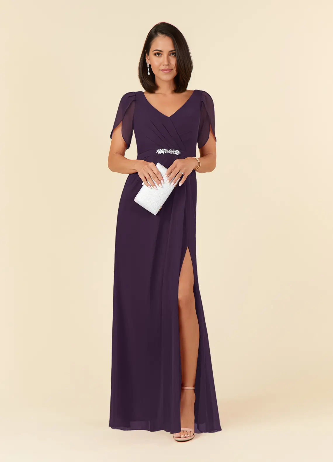 Sheath V-Neck Pleated Chiffon Plum Mother of the Bride Dresses