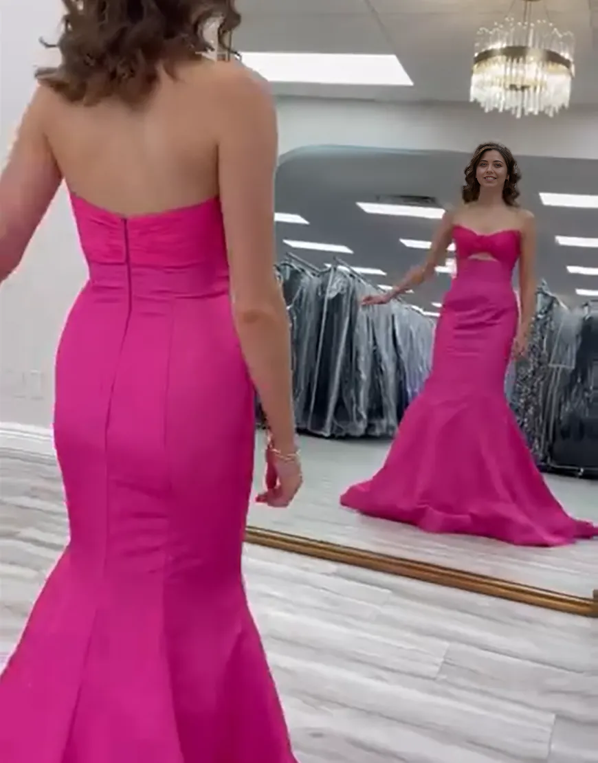 Mermaid Strapless Flower Hollow Fuchsia Long formal dresses evening gown Prom Dress