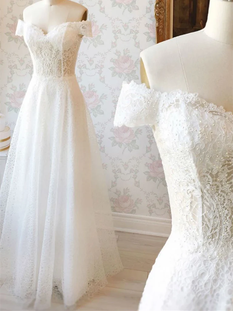 A-line Lace Off Shoulder Long Prom Dresses Formal Evening Dresses