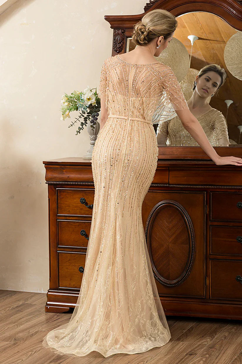 Mermaid Beading V-neck Glitter Mother of Bride Dress