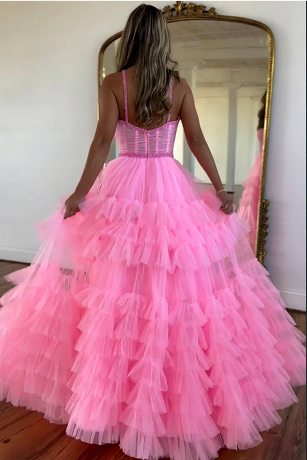 A-Line Spaghetti Straps Cute Pink Long Tiered Tulle formal dresses evening dress Prom Dresses