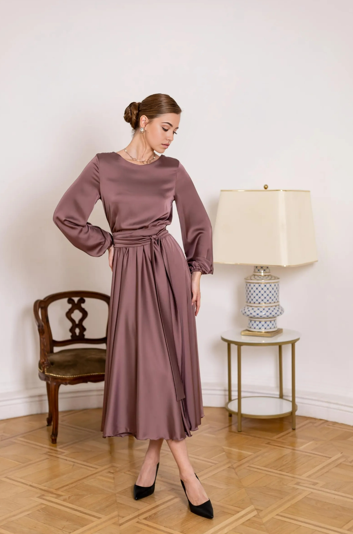 A-line Crew Neck Long Sleeve Tea Length Cocktail Dress Pink Bridesmaid Dress Formal Dresses for Wedding Guest Mother of the Bride Dresses