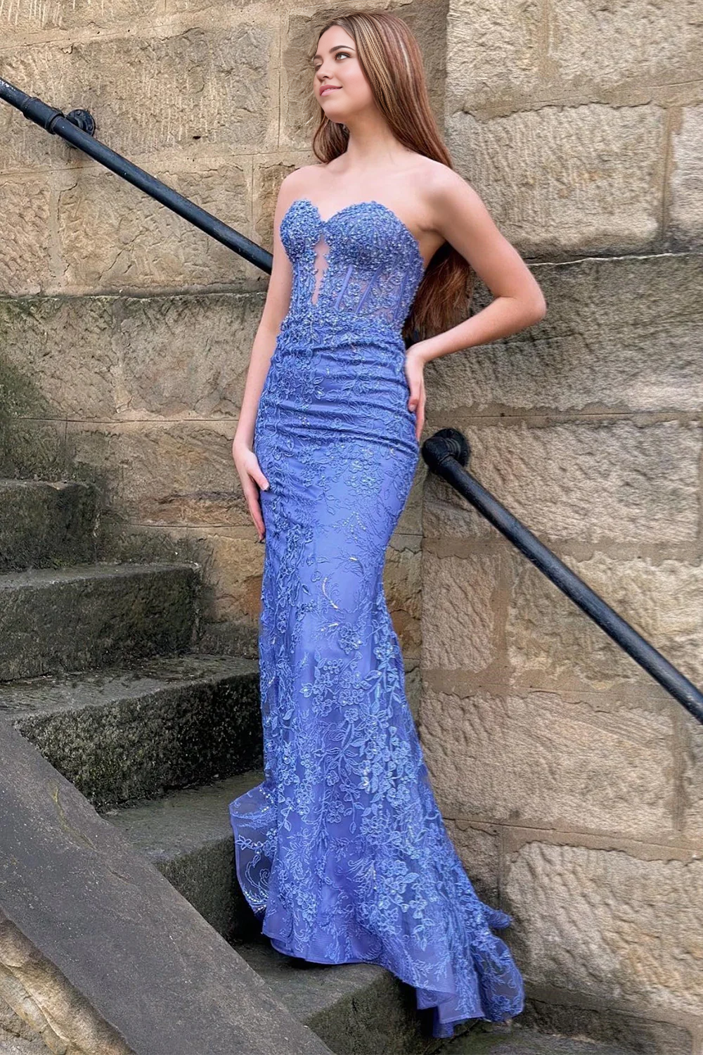 Mermaid Sweetheart Glitter Blue Long Prom Dress with Appliques