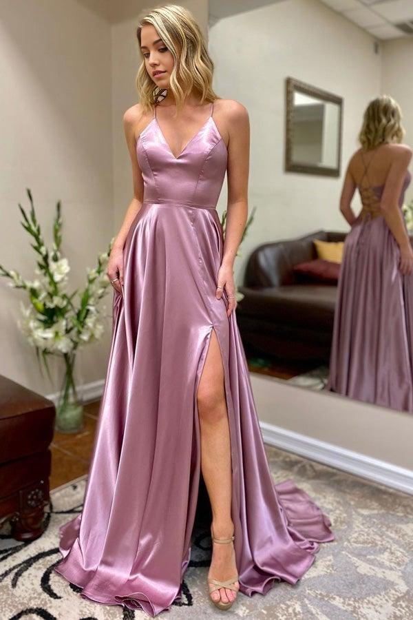 A-line V Neck Straps High Split Long Prom Dress With Pockets